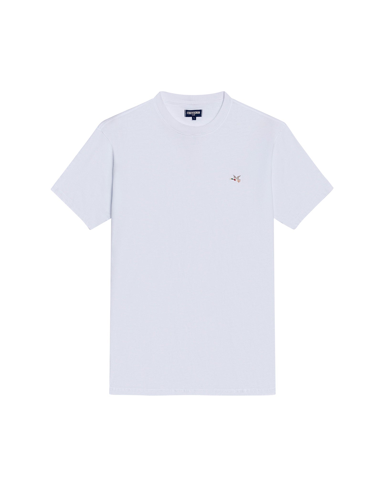 Men's T-Shirt Slim Fit Short Sleeve Crewneck Cotton Vibrant Embroidered Duck Heart Point Chest - White