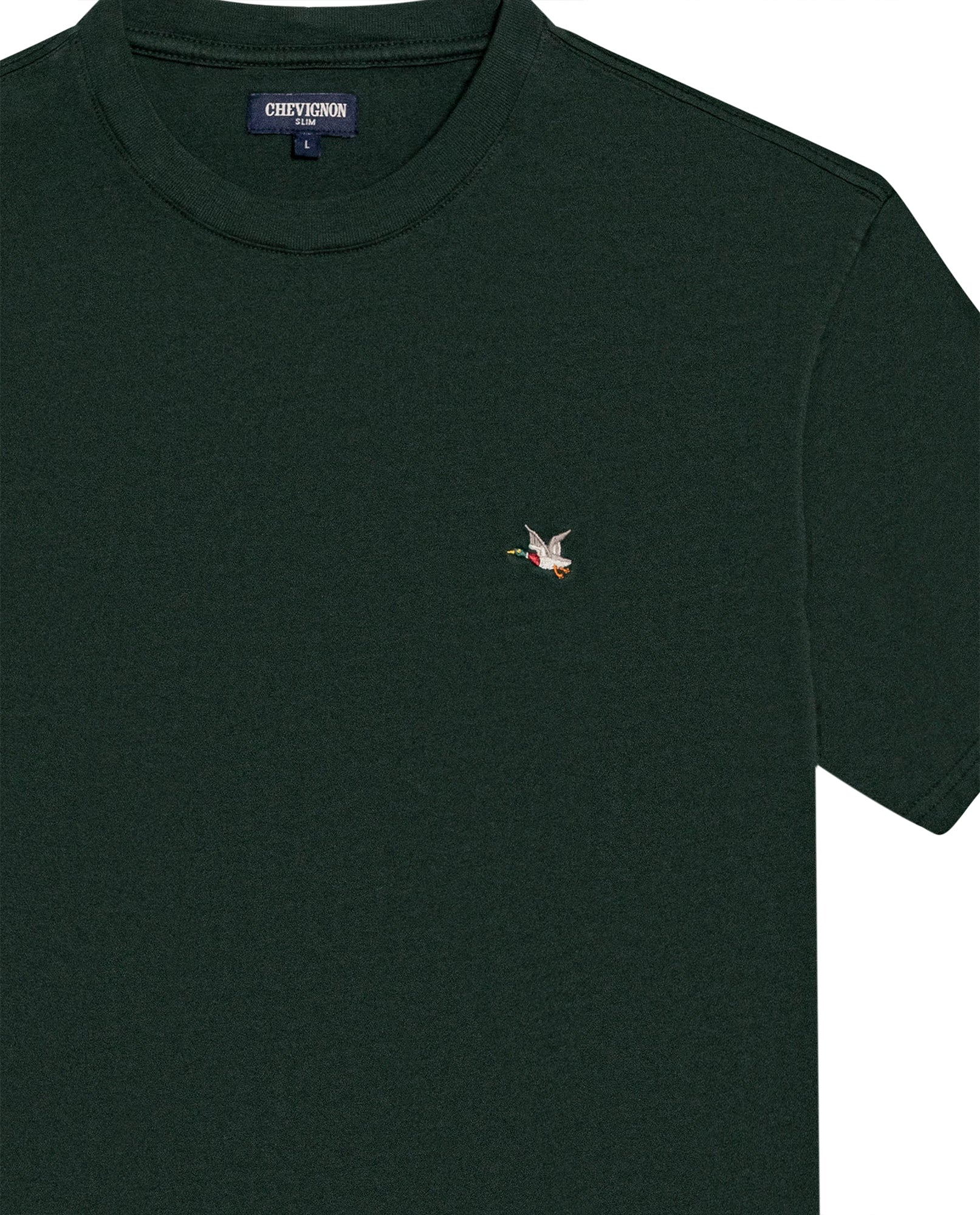 Men's T-Shirt Slim Fit Short Sleeve Crewneck Cotton Vibrant Embroidered Duck Heart Point Chest - Dark Green