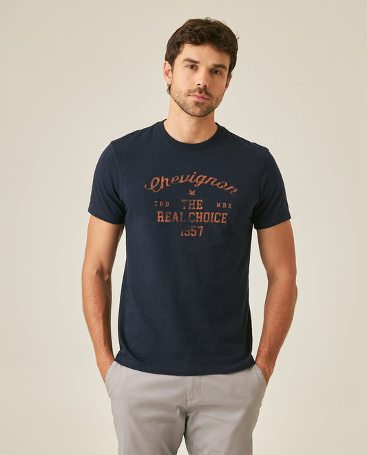 Men's T-Shirt Slim Fit Short Sleeve Cotton Subtle Slub Heavy Rib Collar Printed Front Graphic Seam Details - Blue