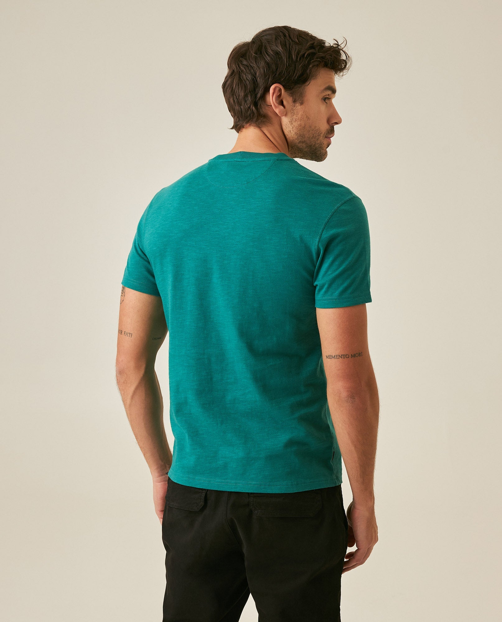 Men's T-Shirt Slim Fit Short Sleeve Cotton Subtle Slub Heavy Rib Collar Printed Front Graphic Seam Details - Green