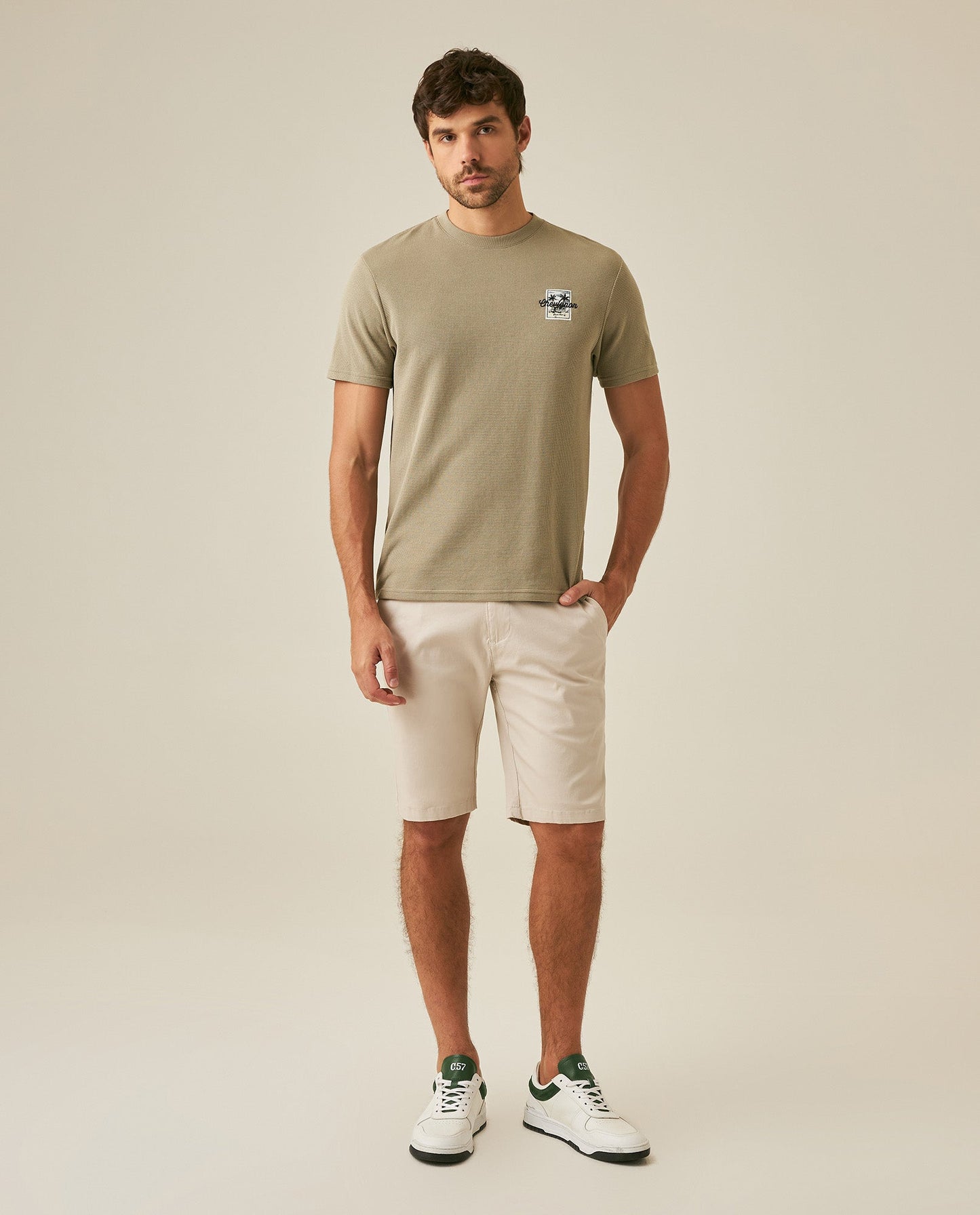 Men's T-Shirt Slim Fit Short Sleeve Cotton Polyester Waffle Texture Chest Embroidery Overlay Label - Green