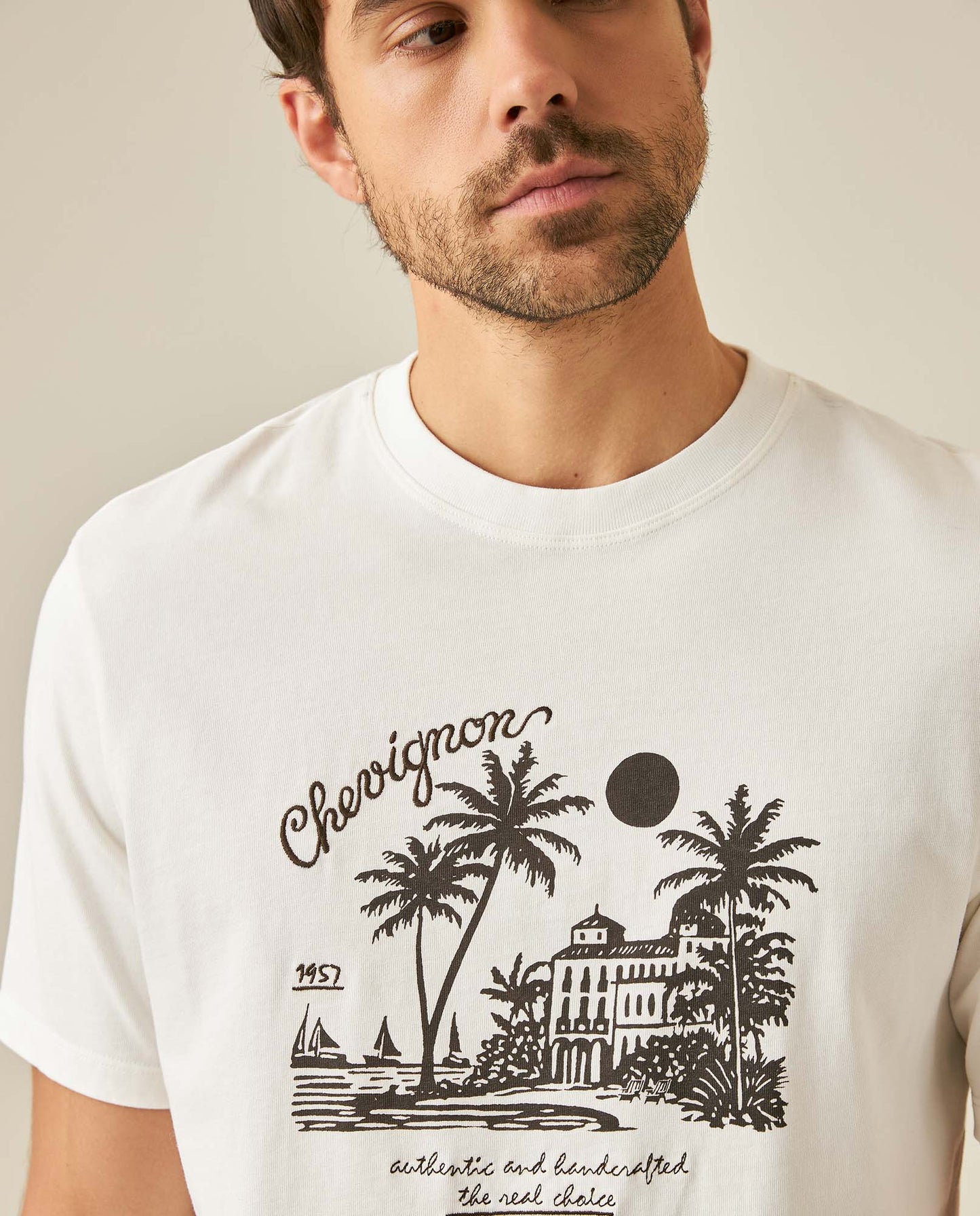 Men's T-Shirt Classic Fit Short Sleeve Cotton Jersey Medium Weight Heavy Rib Collar Mixed Front Graphics - Raw