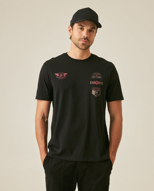 Men's T-Shirt Classic Fit Short Sleeve Cotton Jersey Normalized Patch-Style Graphics - Black