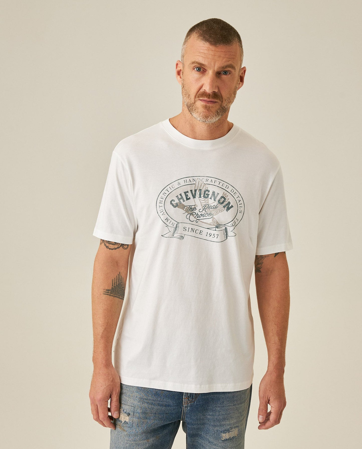 Men's T-Shirt Slim Fit Short Sleeve Cotton Jersey Medium Weight Front Localized Graphic - Raw