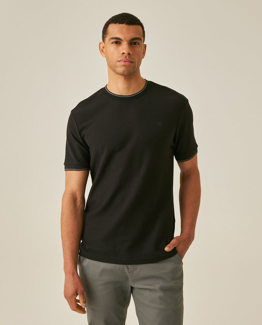 Men's T-Shirt Slim Fit Short Sleeve Cotton Honeycomb Effect Knit Collar Cuffs Refined Structure - Black