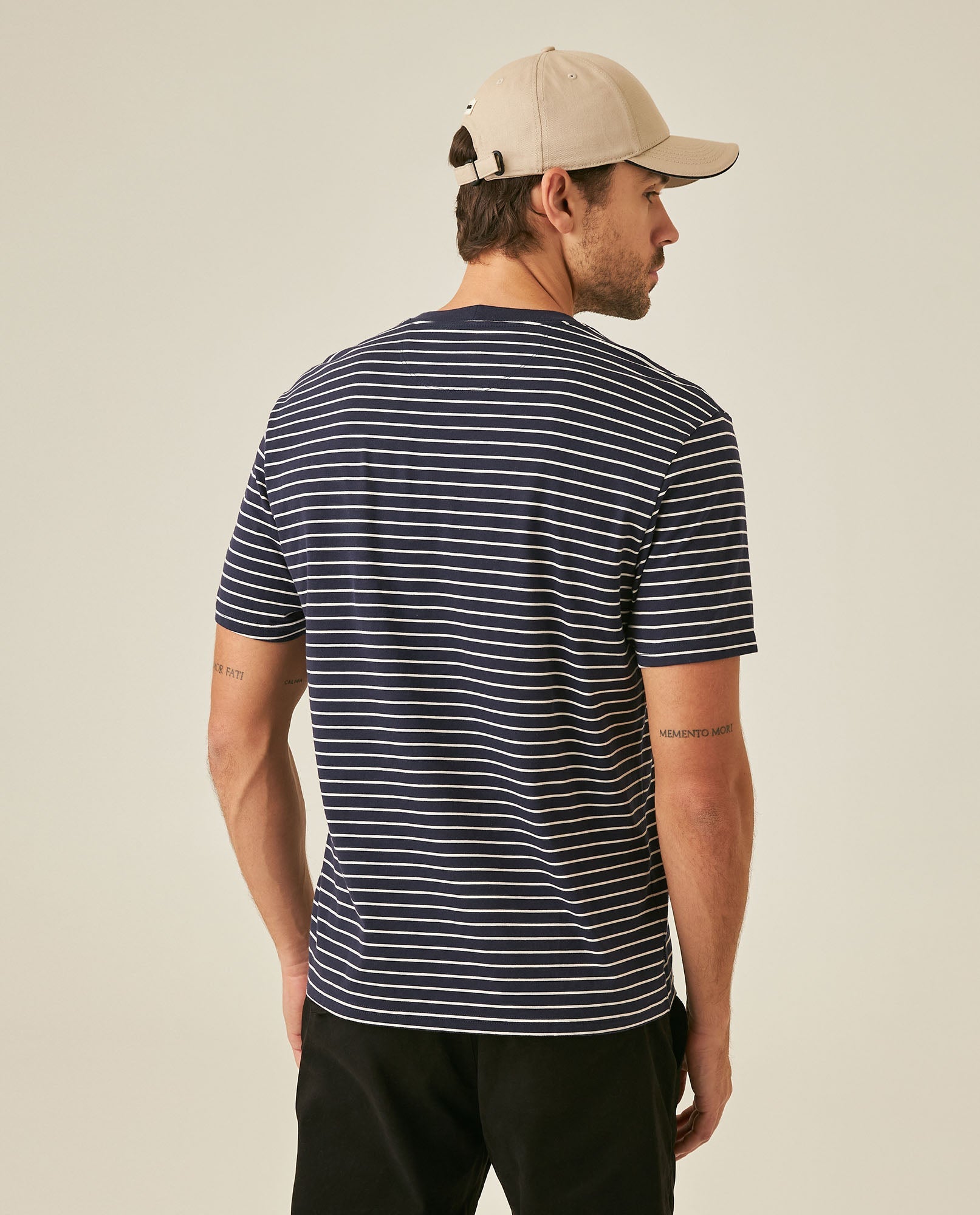 Men's T-Shirt Slim Fit Short Sleeve Cotton Elastane Stripe Fabric Flag Label Side Sleeve Nautical - Blue