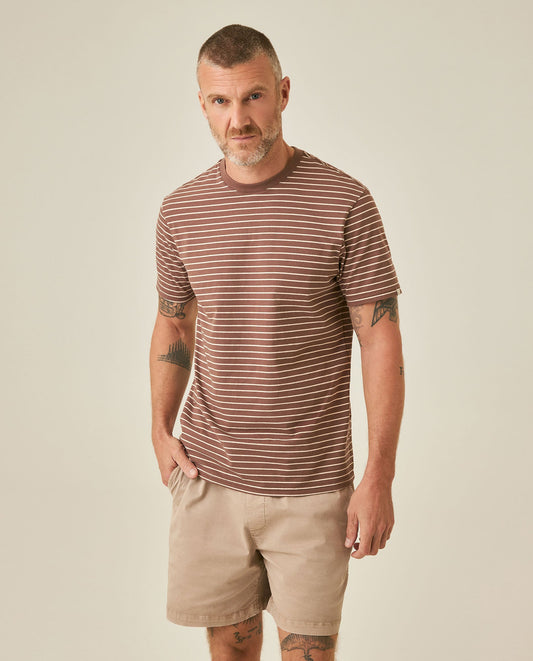 Men's T-Shirt Slim Fit Short Sleeve Cotton Elastane Stripe Fabric Flag Label Side Sleeve Nautical - Brown