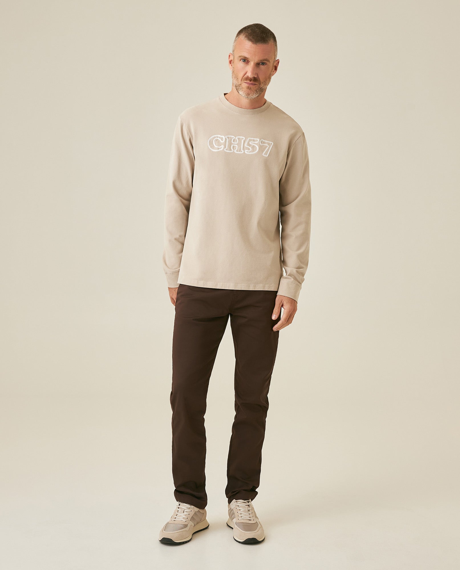 Men's T-Shirt Long Sleeve Classic Fit Cotton Elastane Jersey Heavy Chain Stitch Embroidered Graphic - Gray