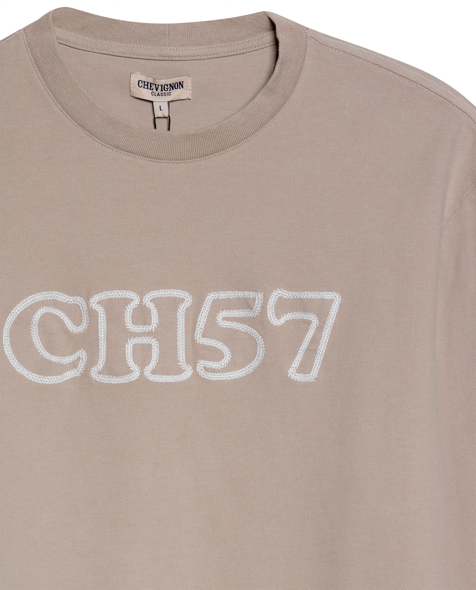 Men's T-Shirt Long Sleeve Classic Fit Cotton Elastane Jersey Heavy Chain Stitch Embroidered Graphic - Gray