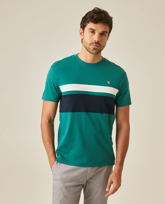Men's T-Shirt Slim Fit Short Sleeve Cotton Jersey Normalized Varsity Color Blocks Tone on Tone Duck - Green