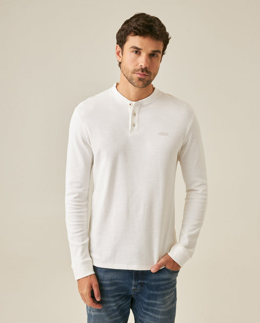 Men's T-Shirt Slim Fit Long Sleeve Henley Collar Cotton Elastane Knitwear Simulation Tone on Tone Buttons - Raw