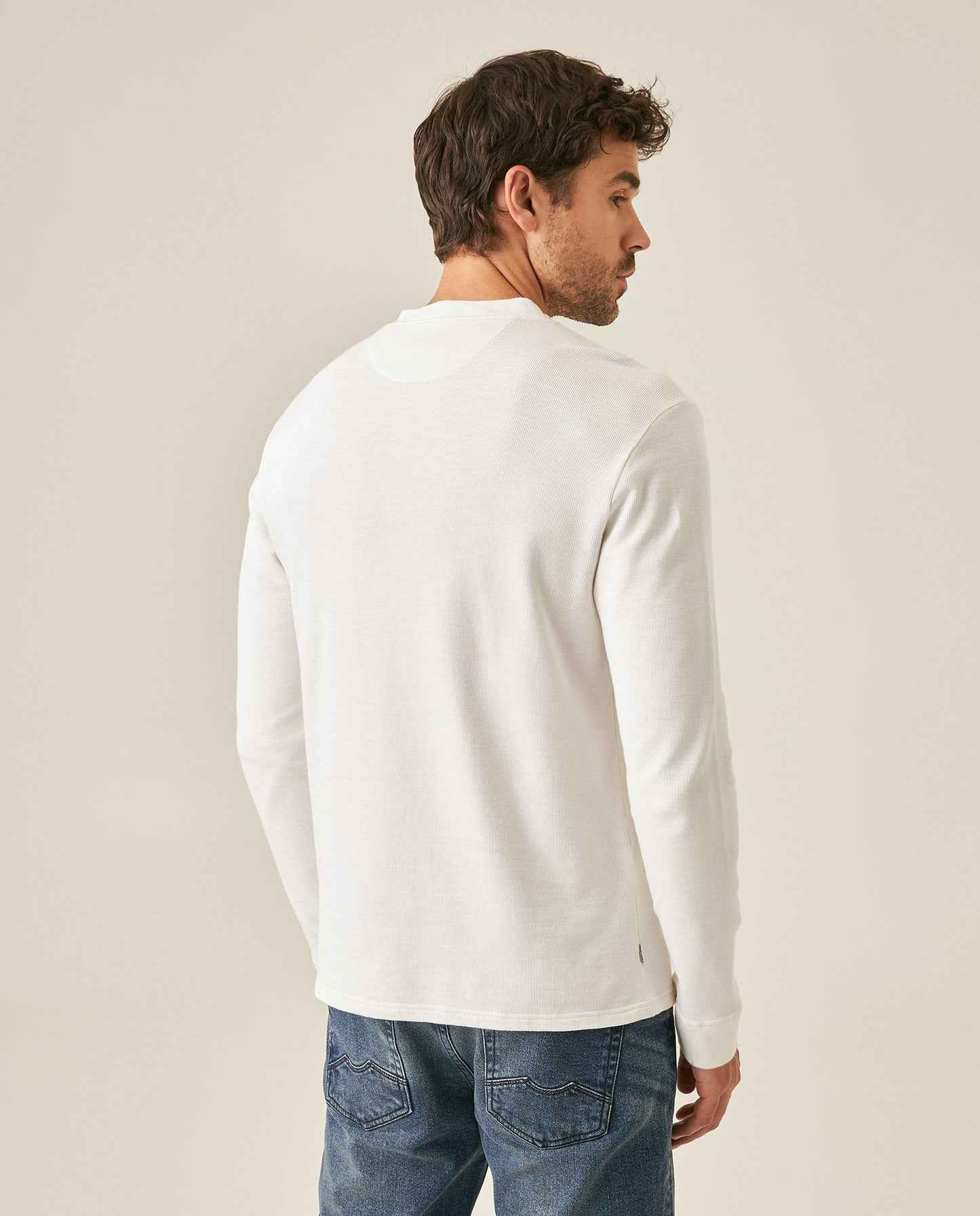Men's T-Shirt Slim Fit Long Sleeve Henley Collar Cotton Elastane Knitwear Simulation Tone on Tone Buttons - Raw