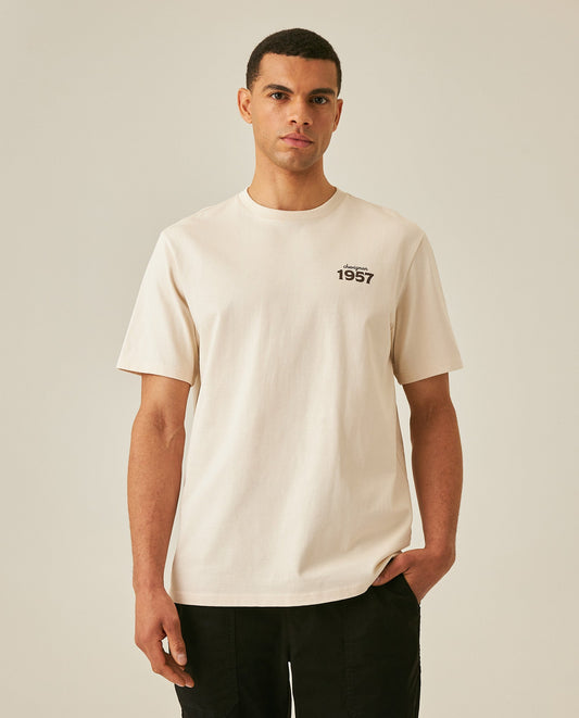 Men's T-Shirt Long Sleeve Classic Fit Cotton Jersey Medium Weight Mixed Typography Front Back - Raw
